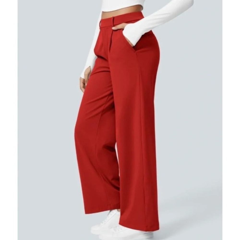 NWT Halara Work Pants M High Waisted Pocket Straight Valiant Poppy Red Career
